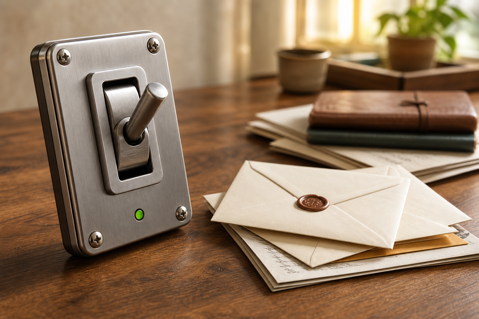 A metal switch beside sealed letters on a warm desk